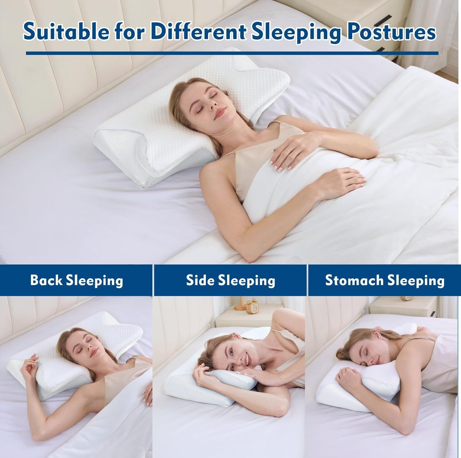 White cervical contour pillow with blue trim shown supporting head and neck in bed