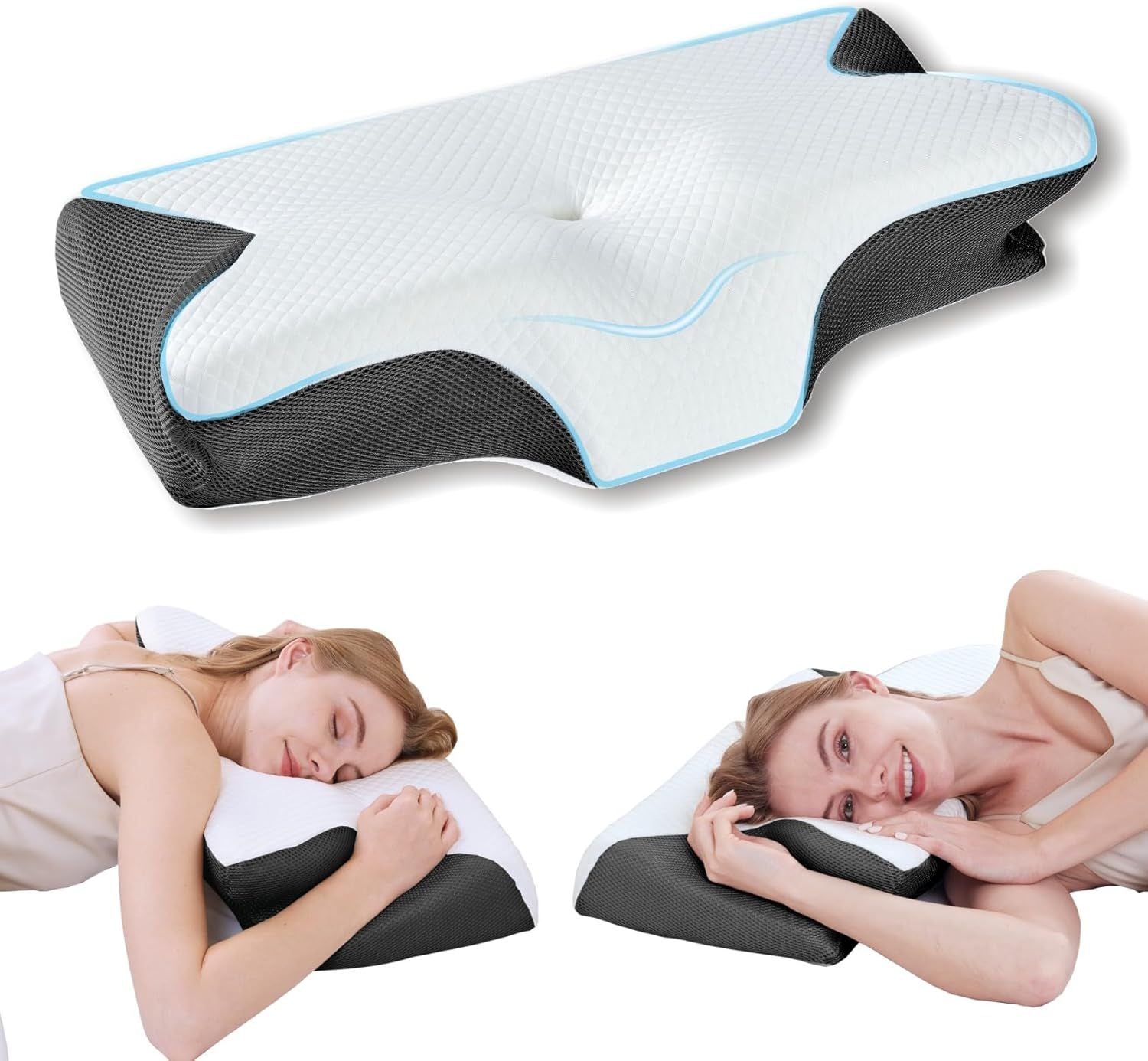 Ergonomic butterfly cervical neck pillow with white top and dark side supports