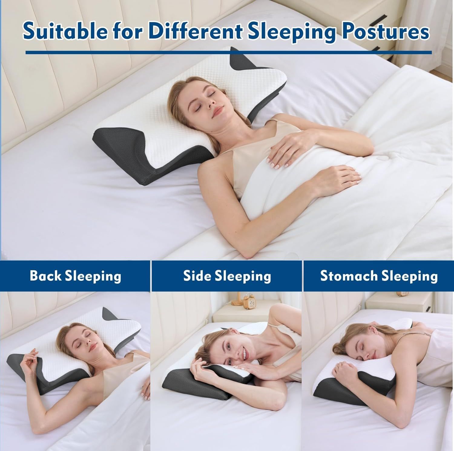 Butterfly neck pillow shown for back, side, and stomach sleeping positions