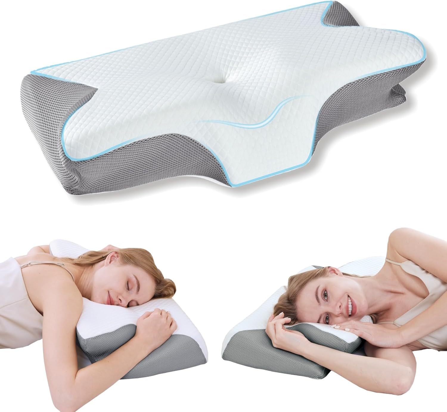Ergonomic cervical memory foam pillow, butterfly contoured white cover with gray side supports