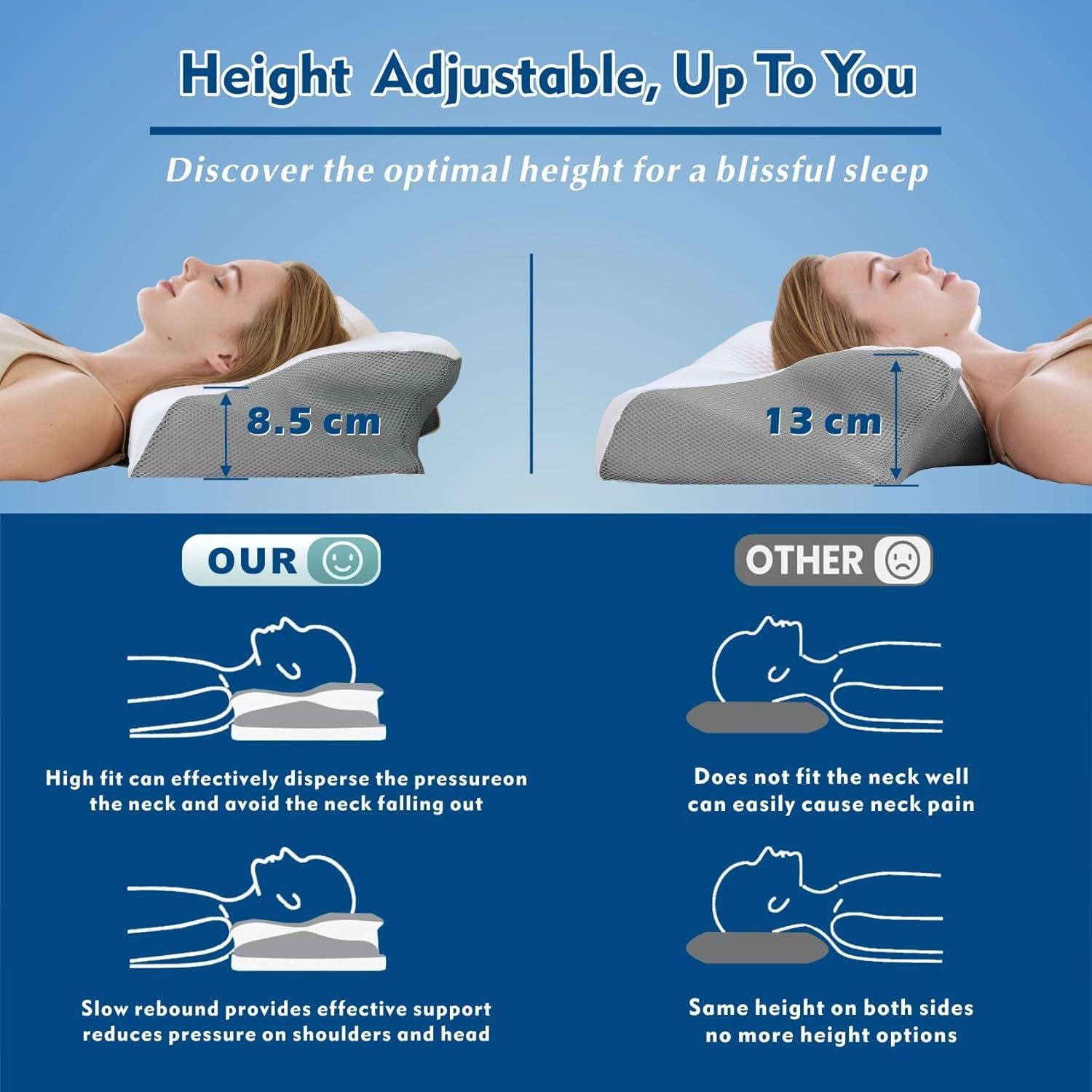 Height-adjustable cervical pillow with two stack heights for customized neck support