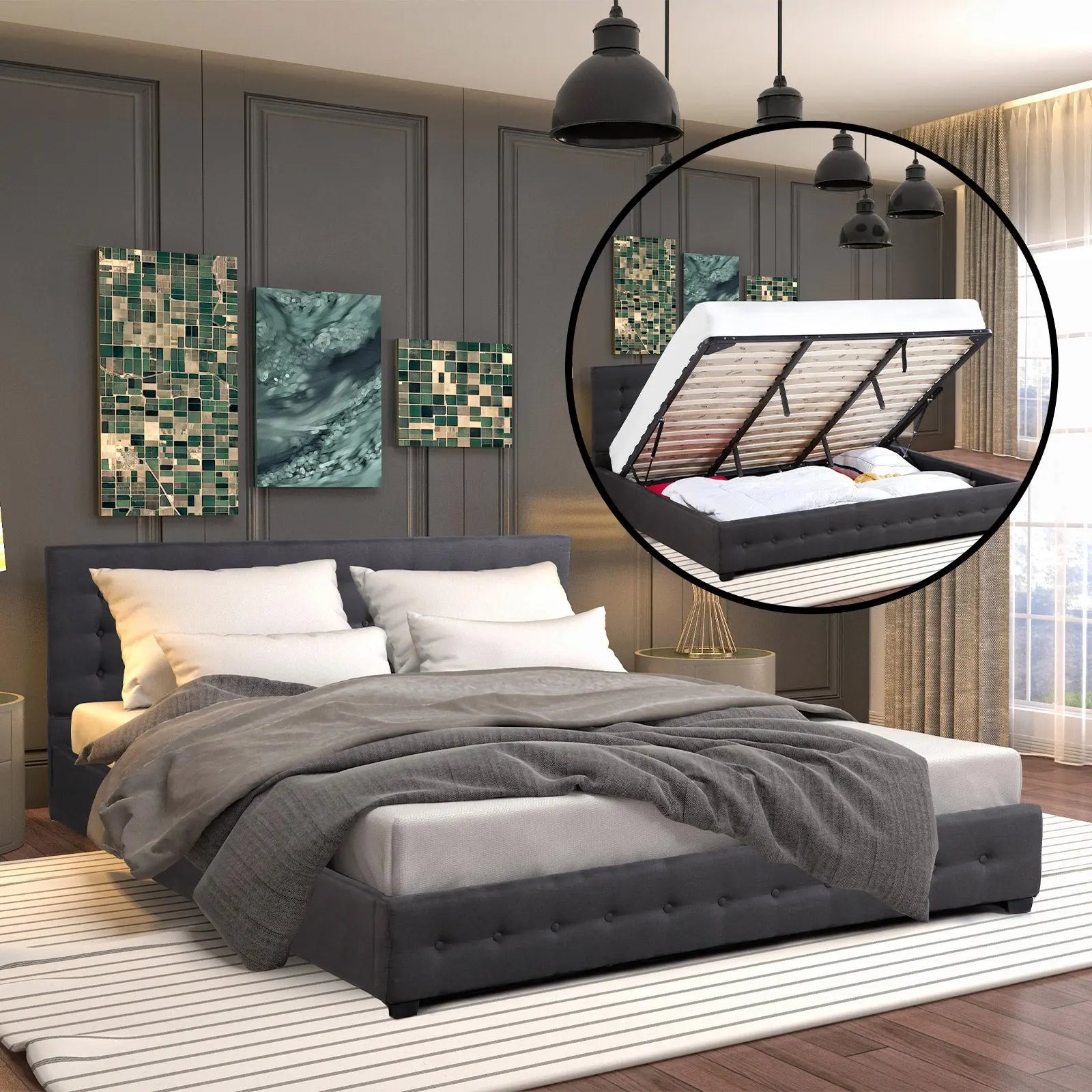 Dark grey upholstered bed with gas-lift mechanism and open slat platform