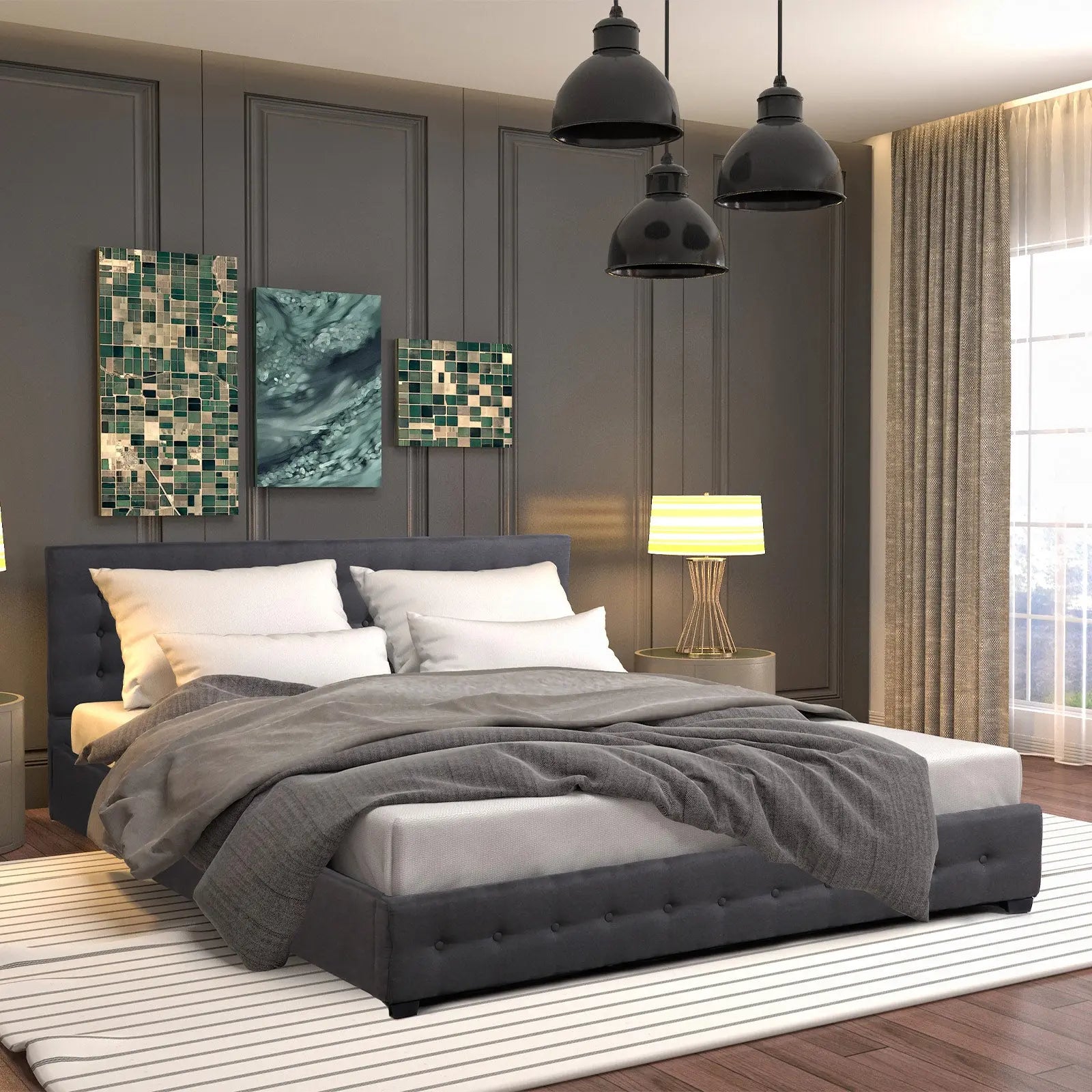 Dark grey upholstered king bed with tall tufted headboard and white bedding