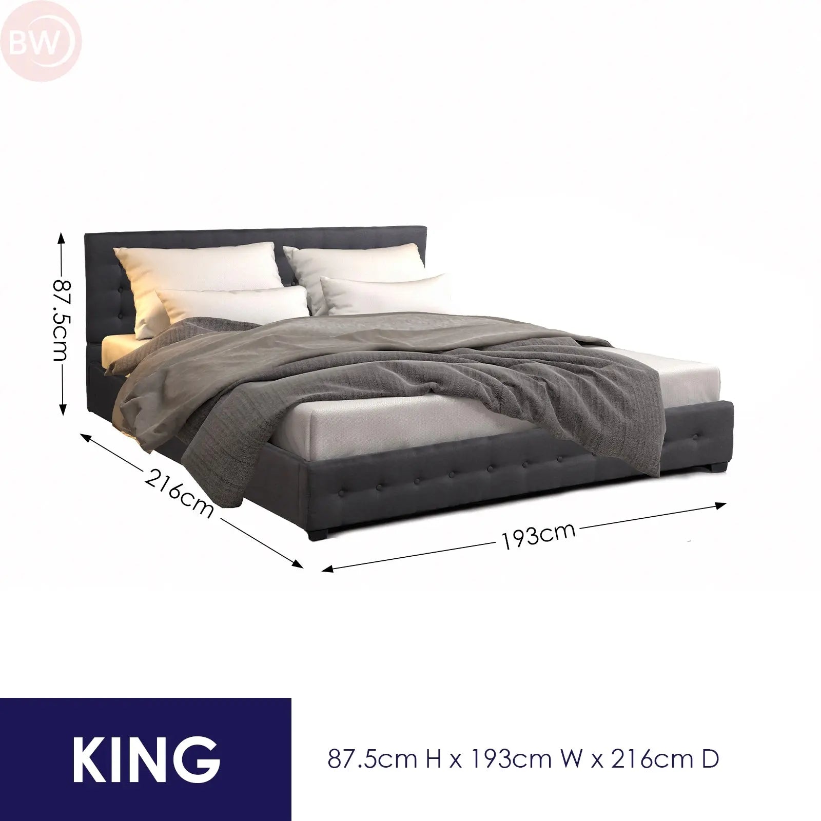 King-size dark grey upholstered bed with tall tufted headboard and side profile