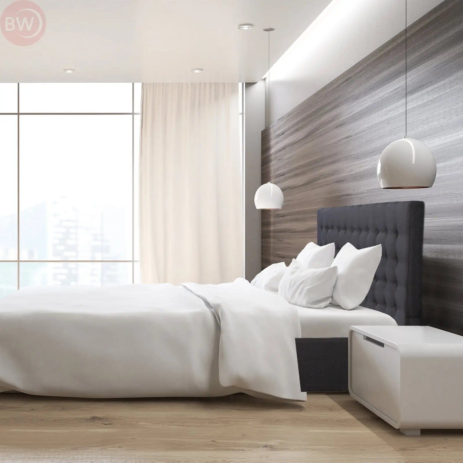 Dark grey upholstered bed with tall headboard and visible side storage drawers