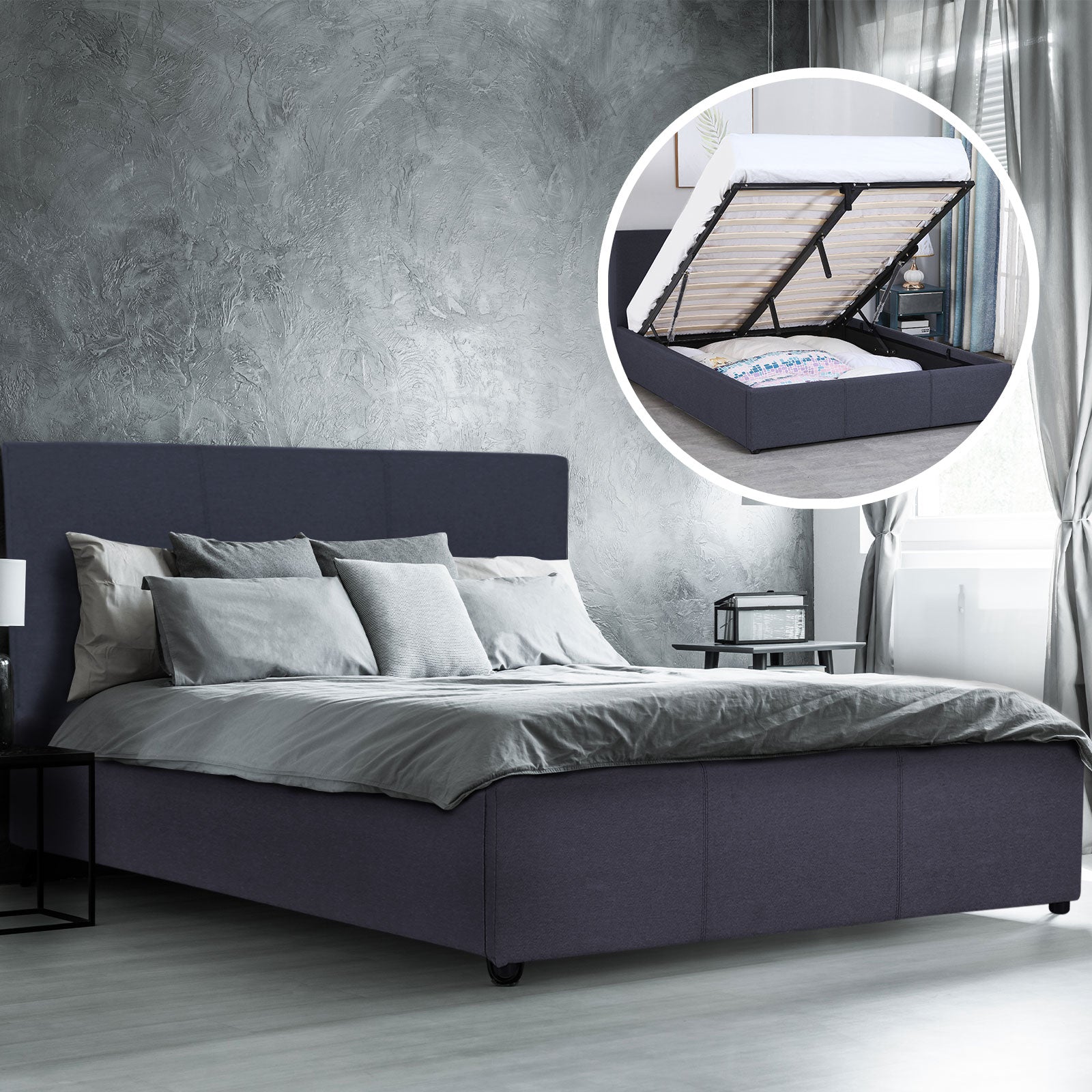 Charcoal double bed with lift-up storage shown in circular detail