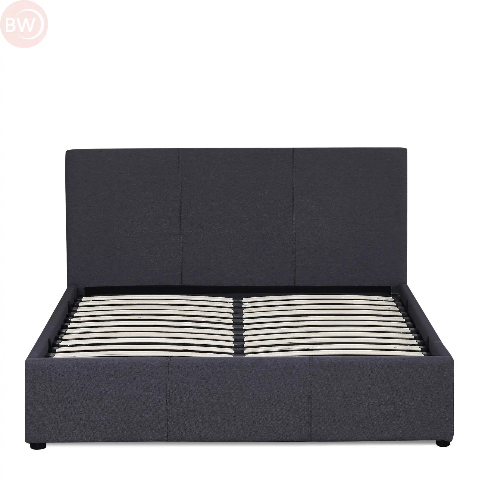 Charcoal double bed frame with upholstered headboard and visible slatted base