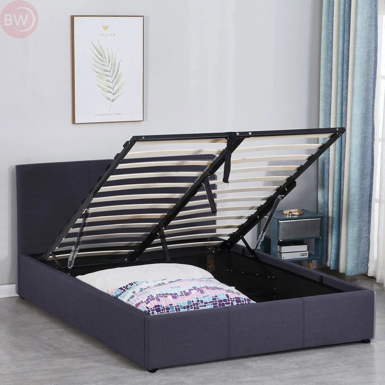 Charcoal double gas lift bed frame with open base, showing slats and storage compartment
