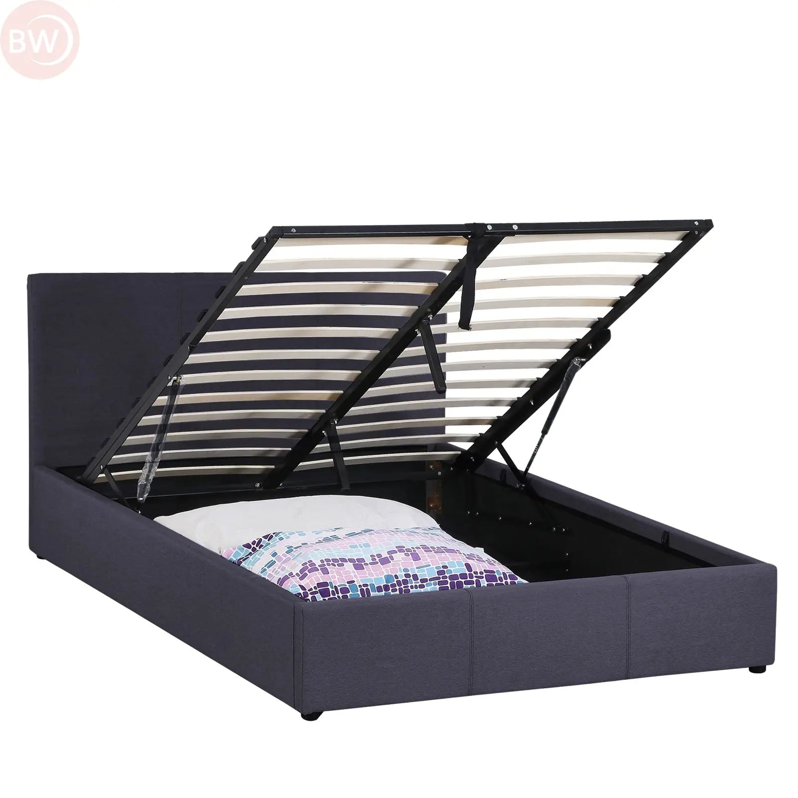 Charcoal double gas lift bed frame with open storage compartment and raised slatted base