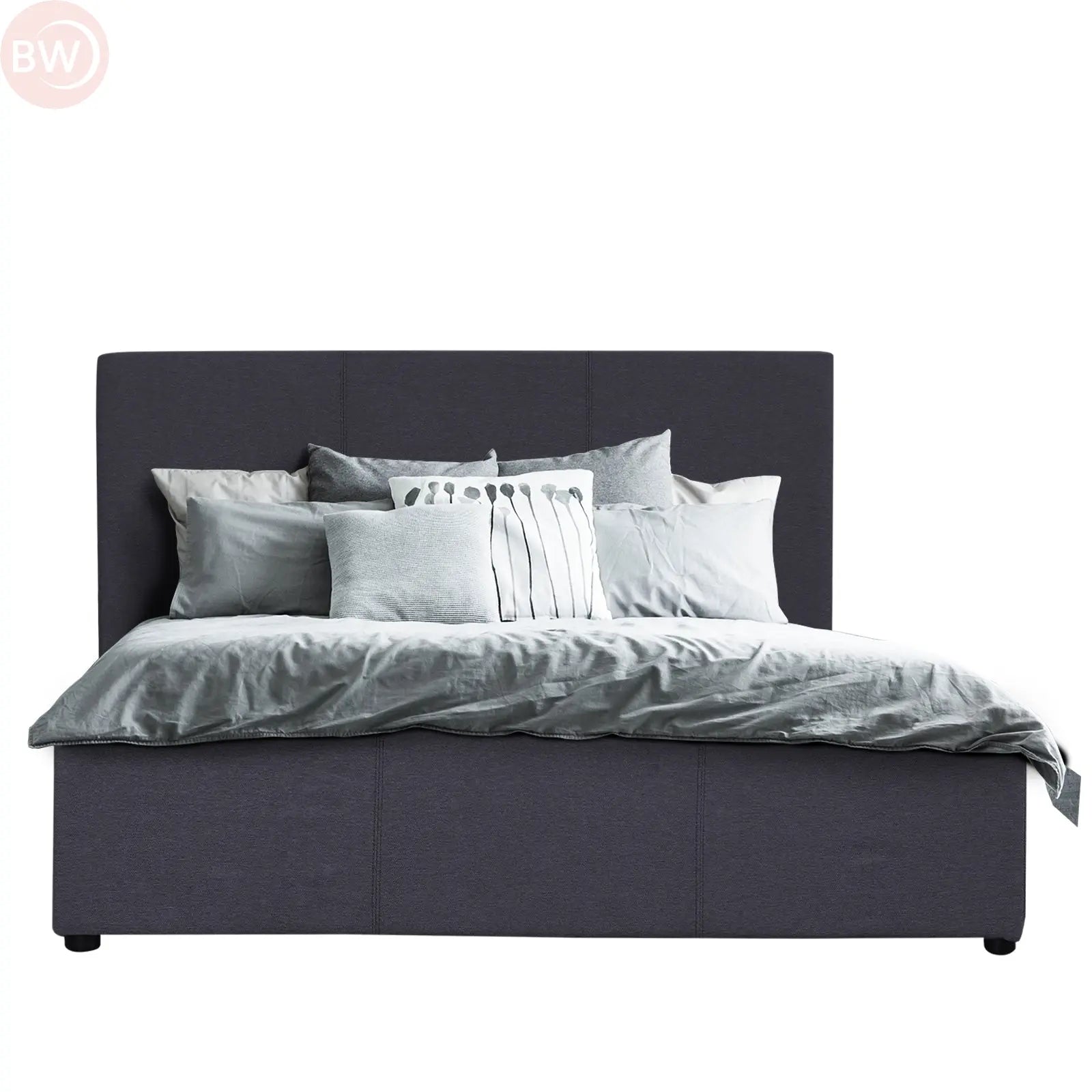 Charcoal double upholstered bed frame with tall headboard and storage base, with pillows