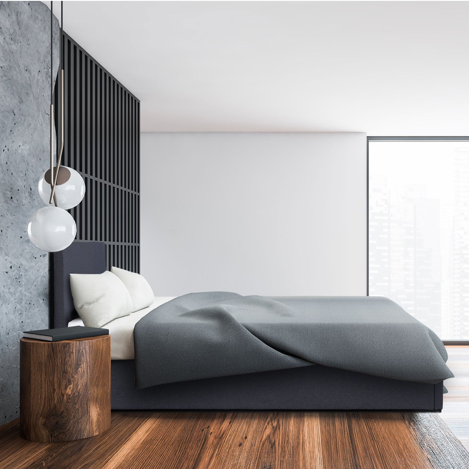 Charcoal double bed with low side panel and tall slatted headboard