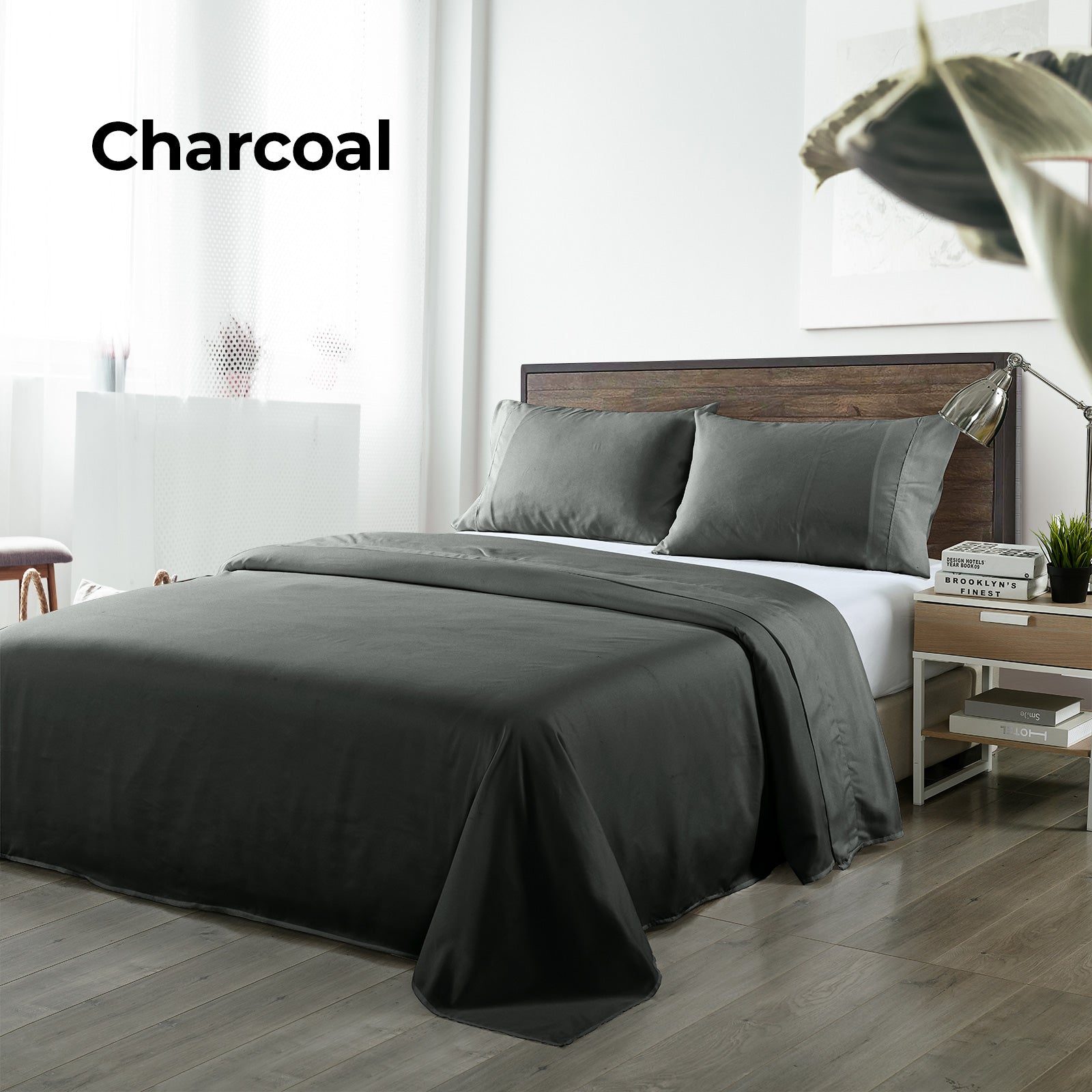 Charcoal king sheet set with pillowcases and neatly fitted flat sheet