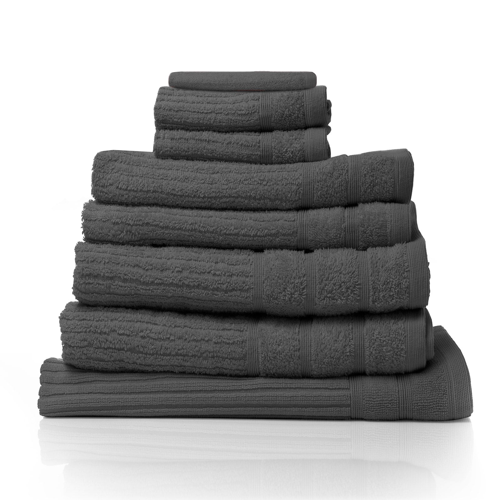 Set of folded bath towels, dark gray plush terry with decorative border
