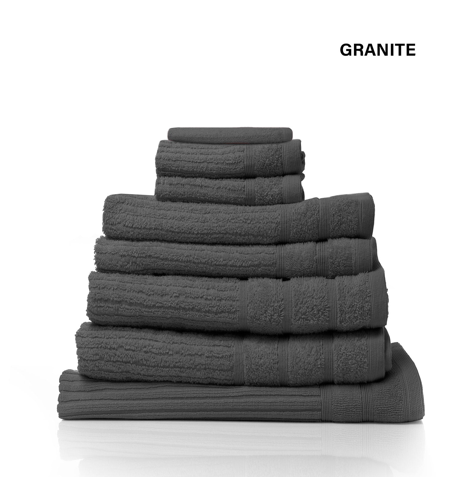 Folded bath towel stack, dark gray terry with decorative border stitching