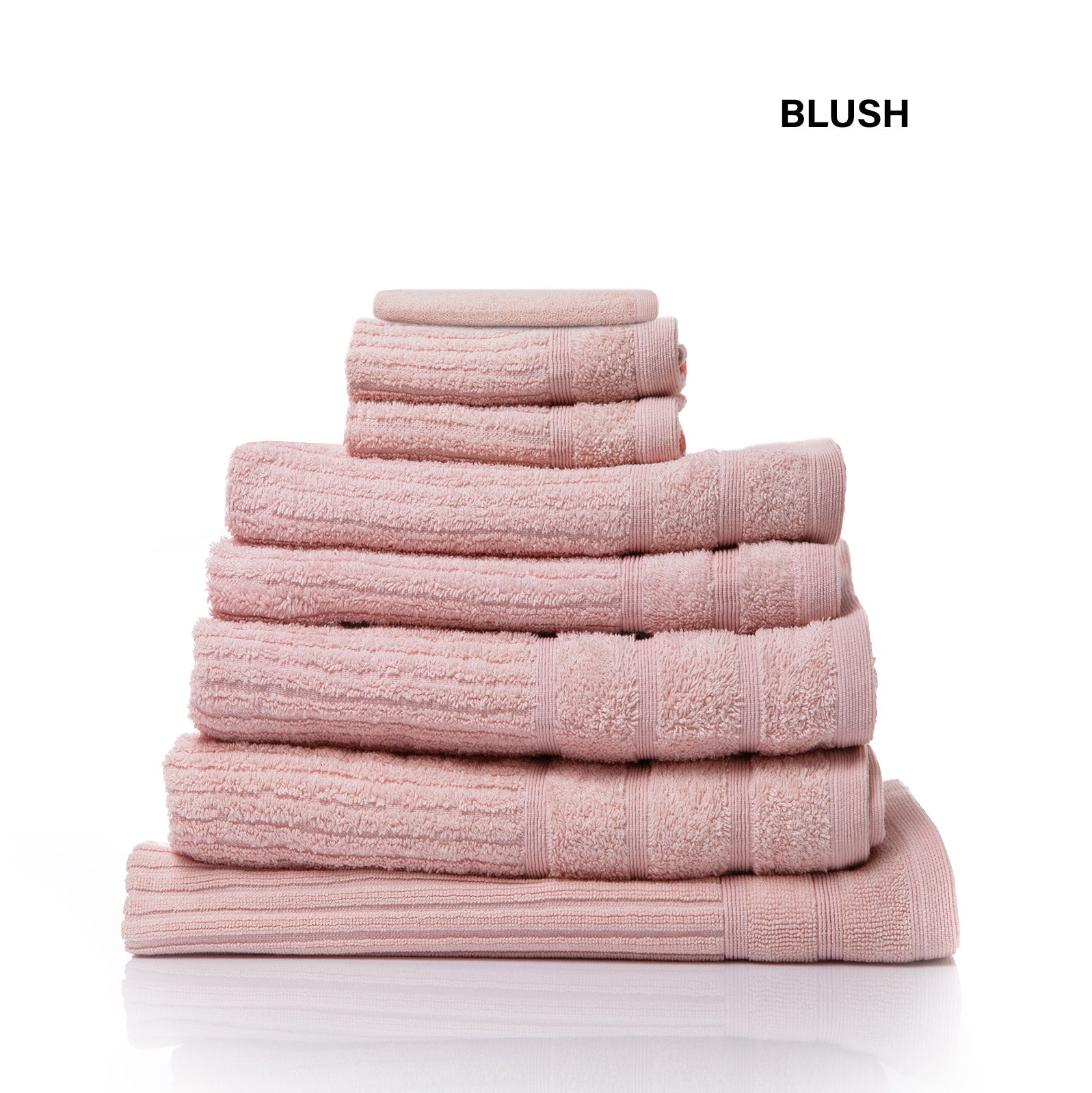 Blush bath towel set of 8 pieces, folded into a compact stack.
