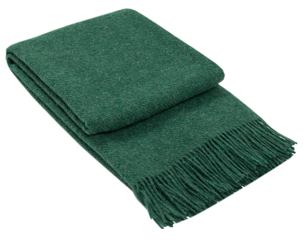 Emerald green wool throw blanket with fringed ends, folded neatly