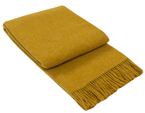 Mustard wool throw with rolled fold and fringed edge, 100% NZ wool