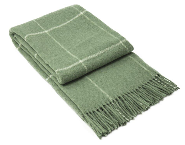 Sage green wool throw blanket with white windowpane stripes and fringed edges