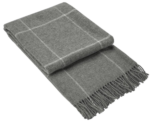 Grey wool throw with light striped pattern and fringed ends
