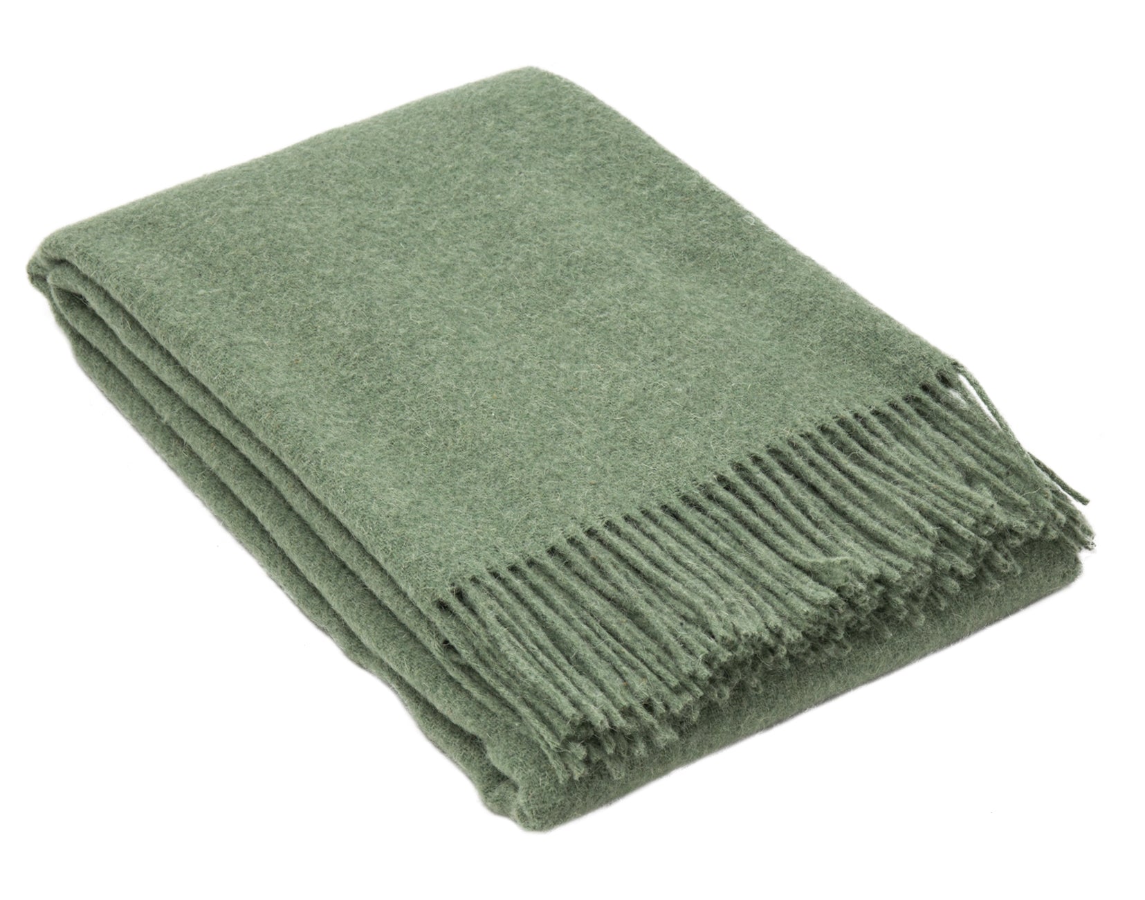 Sage green 100% NZ wool throw with fringed edges, neatly folded