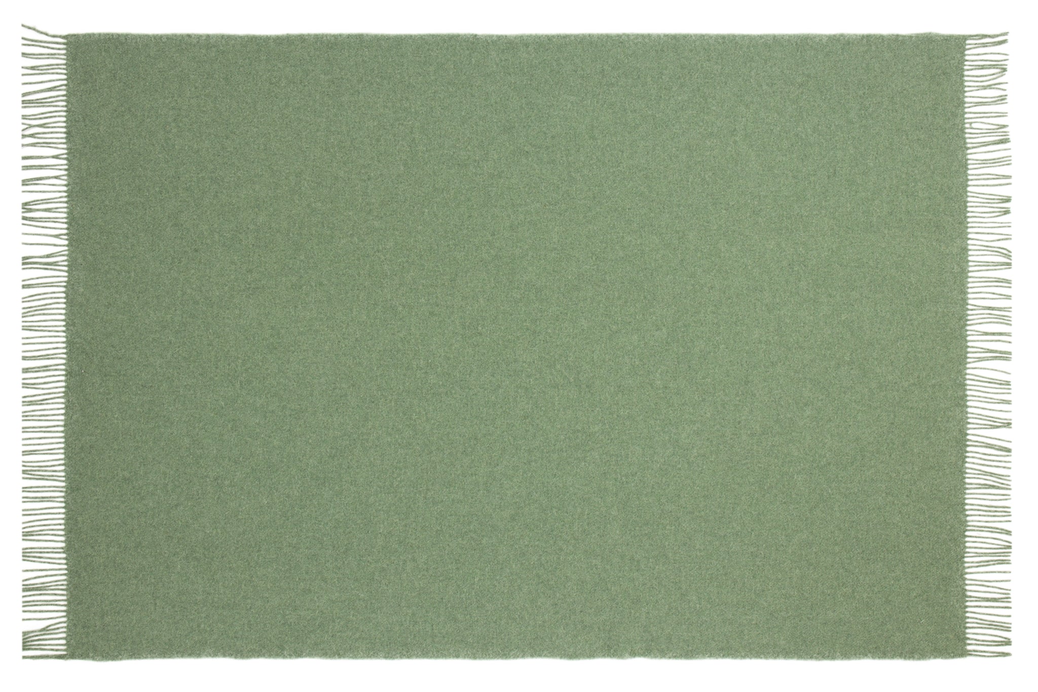 Sage green wool throw, flat rectangle with thin fringe along all edges