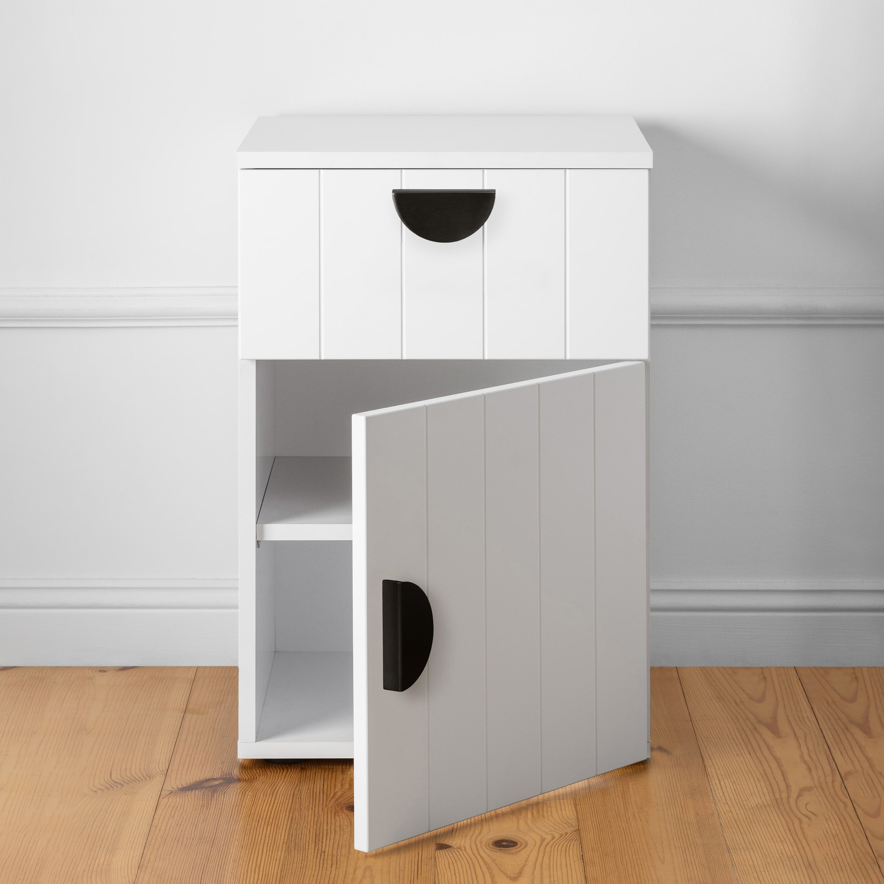 PORTO BEDSIDE TABLE - WHITE - VJ PANEL - HALF MOON BLACK