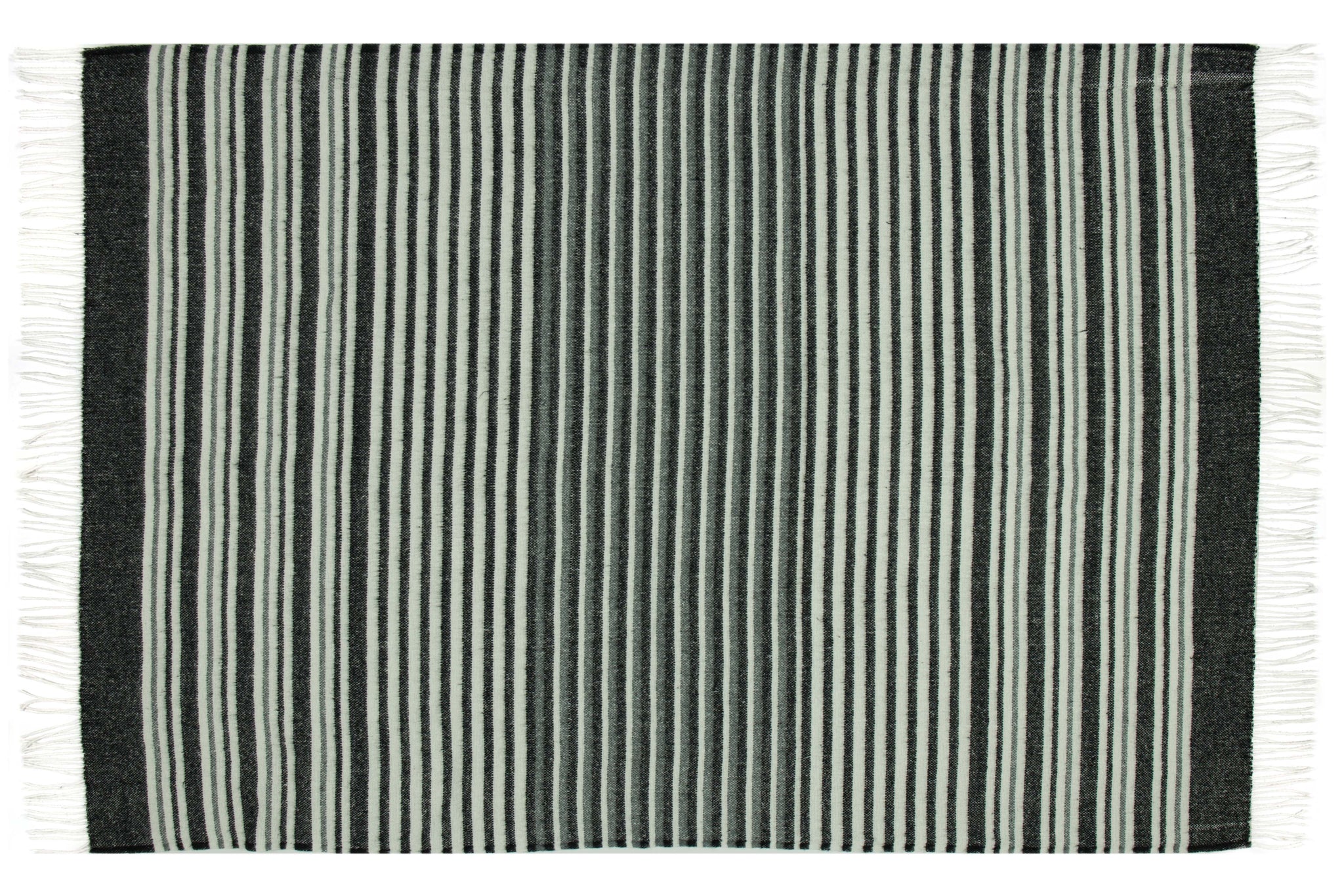 Monochrome striped wool-blend throw with fringed border, flat top view.