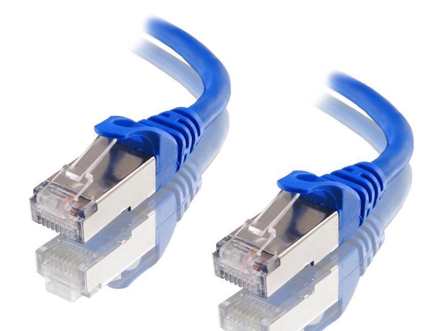 Blue RJ45 Ethernet patch cable with transparent connector ends, shielded S/FTP