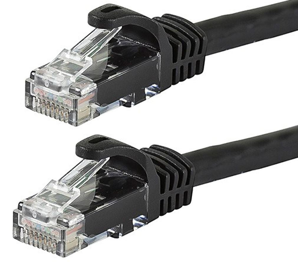 Black RJ45 Ethernet patch cable with clear plug ends, twin connectors