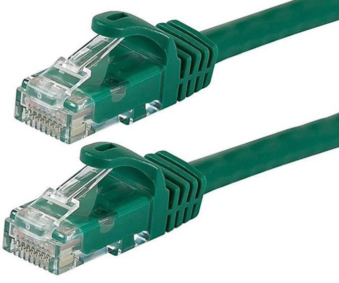 Green RJ45 Ethernet patch cable with two transparent modular plugs, end view.