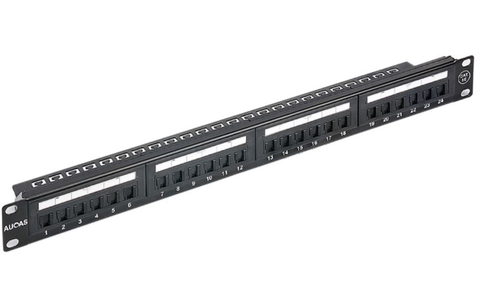 Black 24-port RJ45 patch panel for 19-inch rack, labeled ports and mounting ears