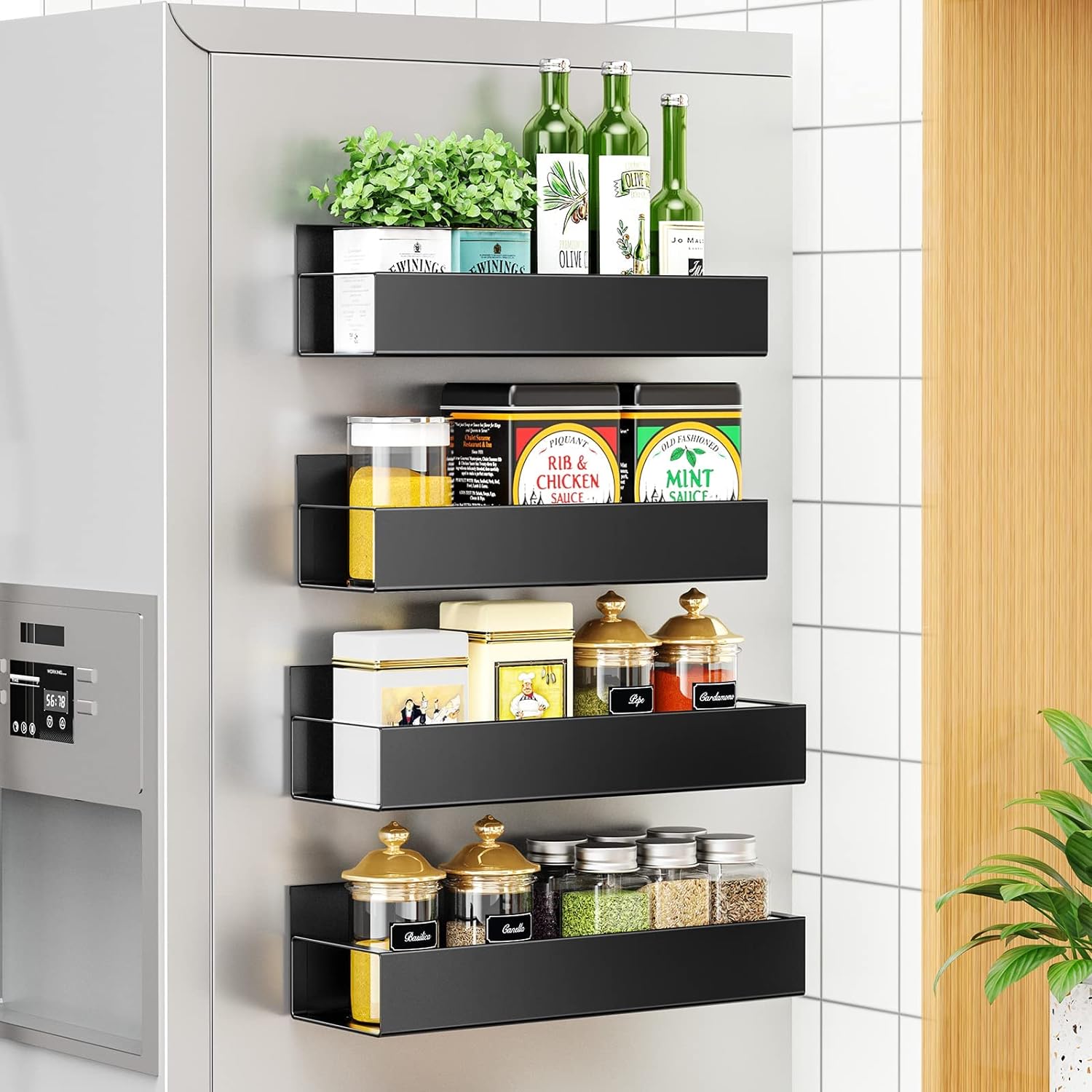 Black magnetic fridge spice rack, four tiers holding spices, jars, and bottles
