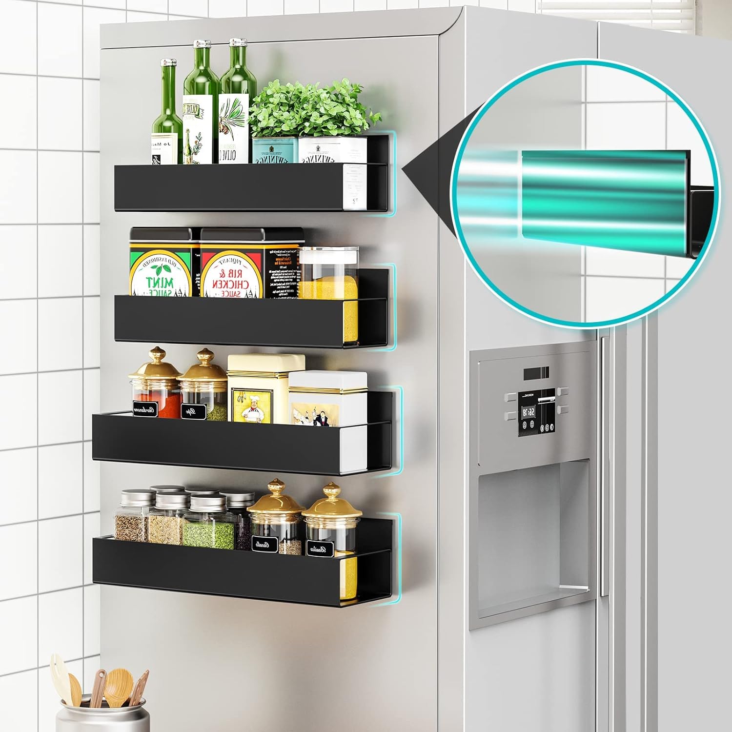 Black magnetic fridge spice rack, four tiers; magnet backing area shown in teal circle