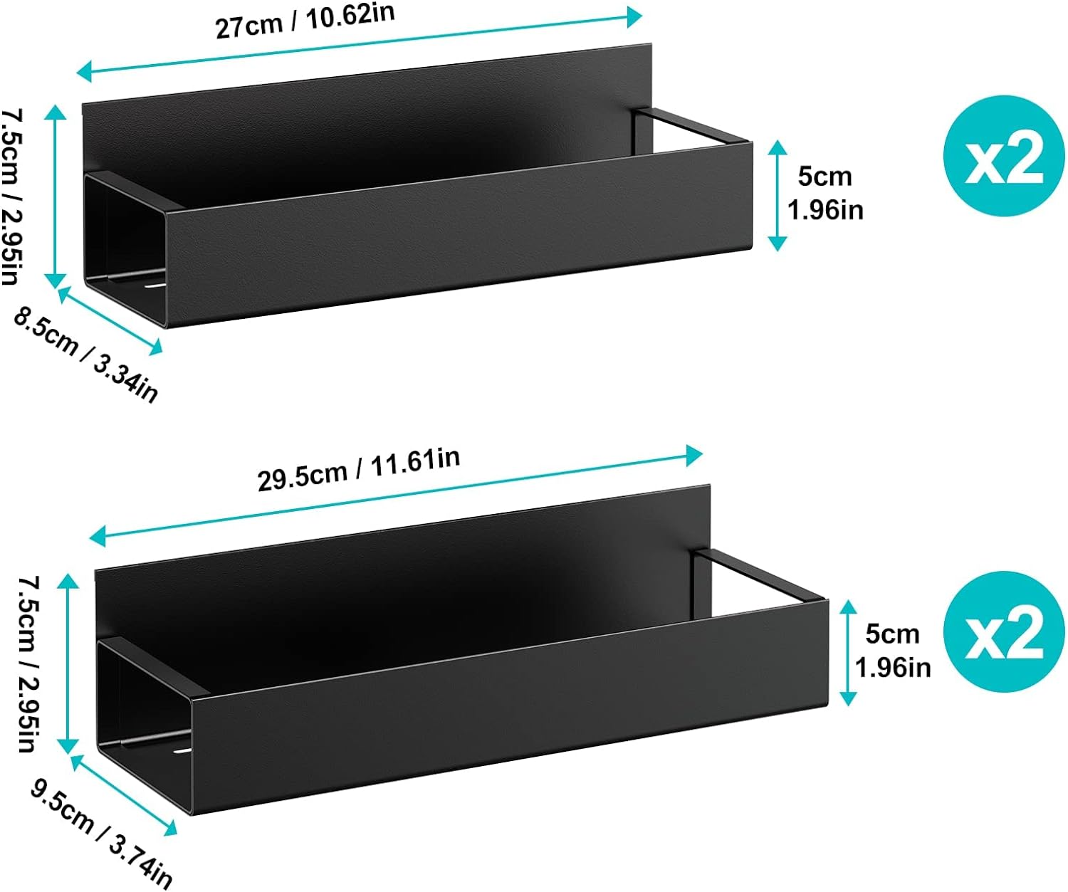 Black magnetic spice rack trays with dimensions: 27cm and 29.5cm lengths, 5cm depth