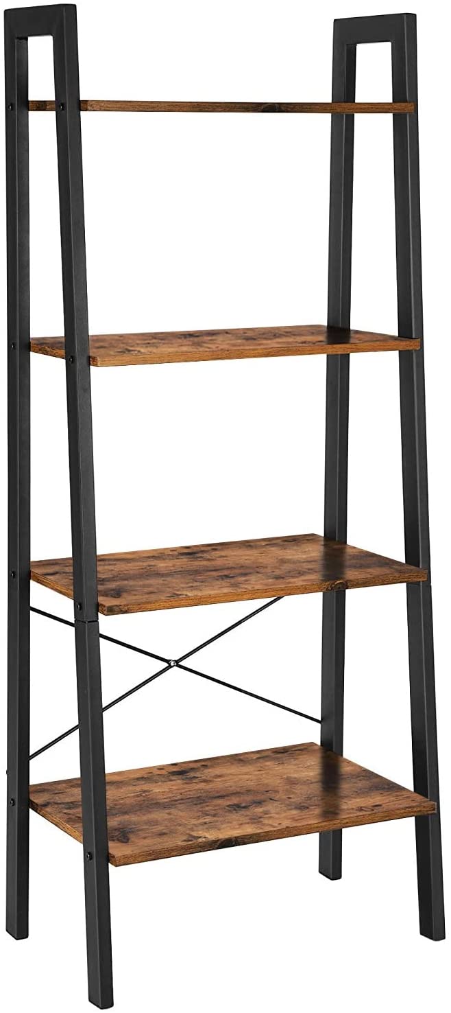 Black 4-tier metal bookshelf with rustic brown wooden shelves and X-brace base