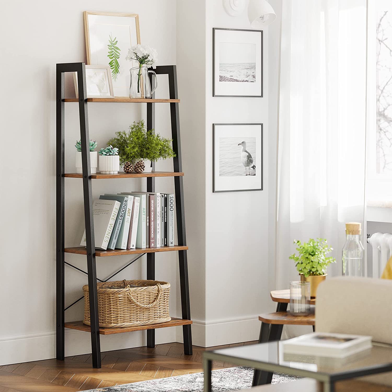 Black metal 4-tier ladder bookshelf with rustic brown shelves and cross-bracing