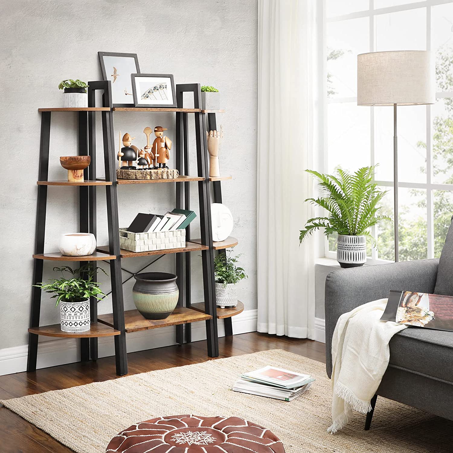 Black 4-tier metal bookshelf with rustic brown shelves and open ladder-style frame