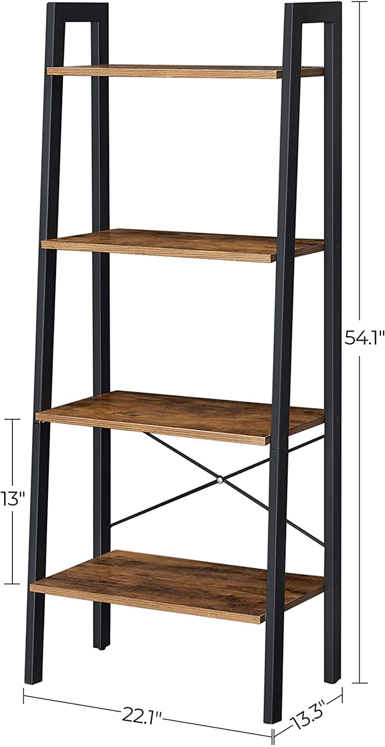 Black metal 4-tier bookshelf with rustic brown shelves and ladder-style frame
