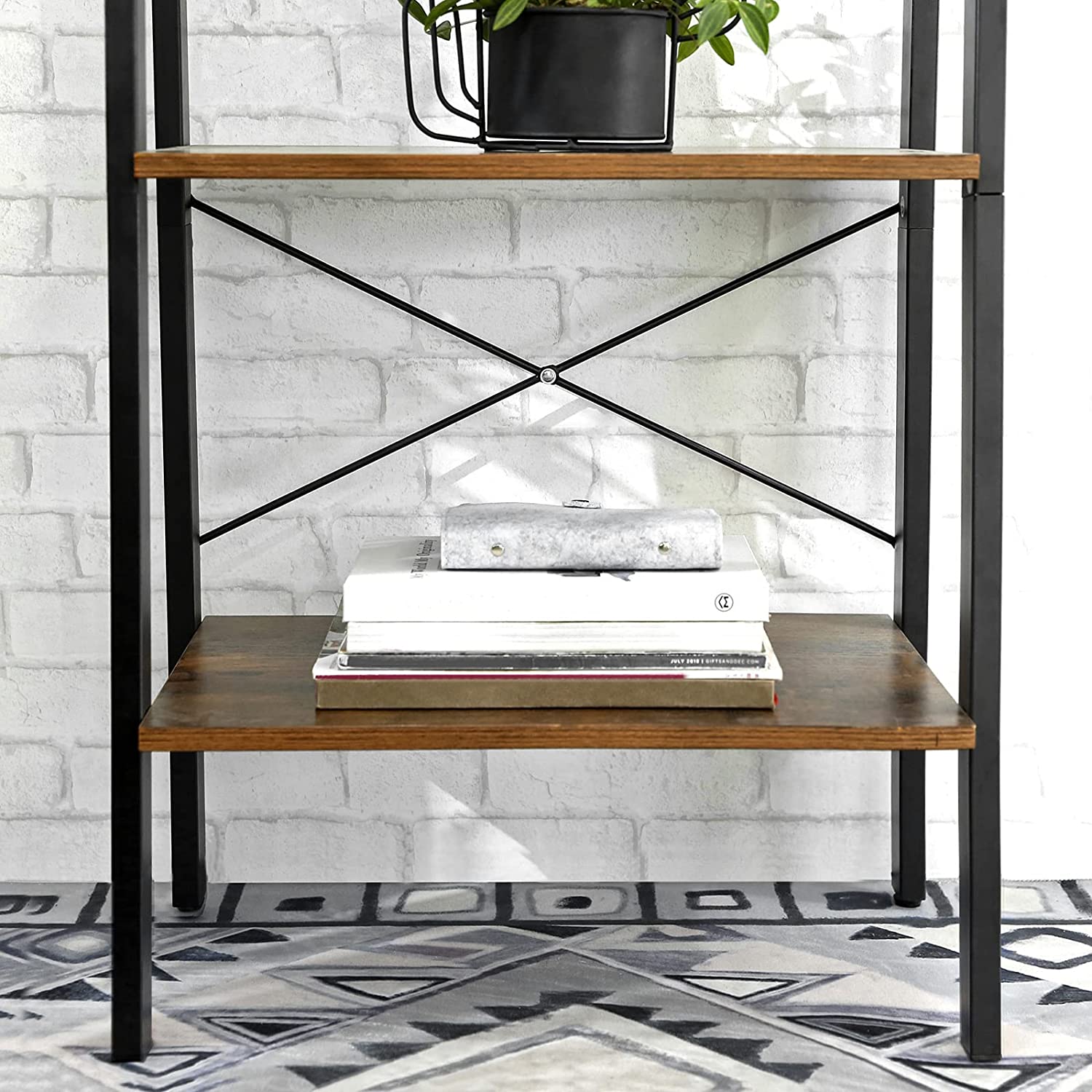 Black metal 4-tier bookshelf with rustic brown top shelf and X-brace