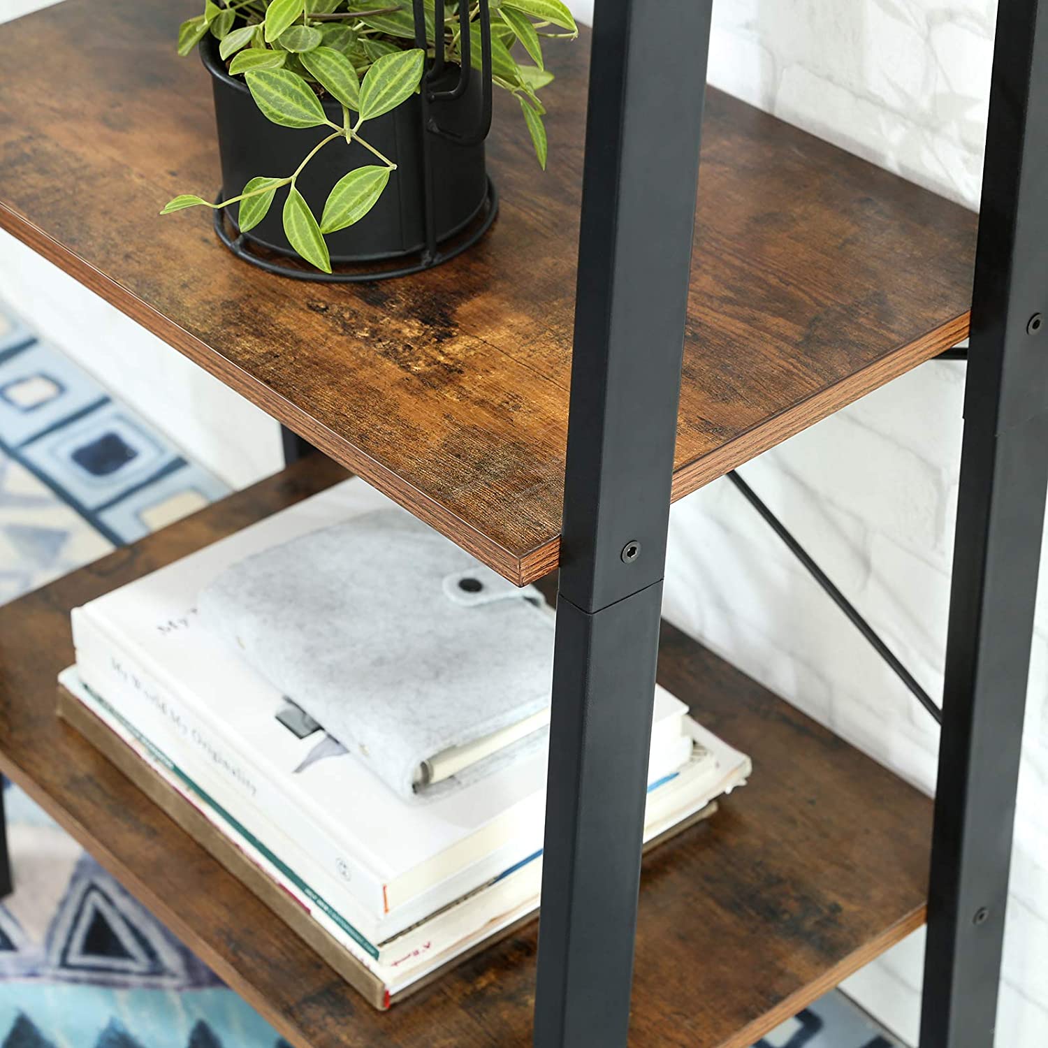 Rustic brown shelf with black metal side frame and open 4-tier structure