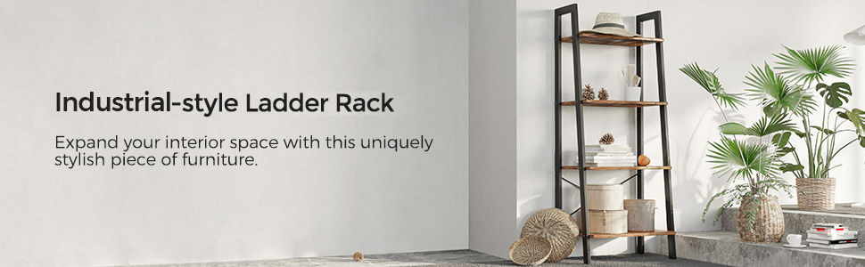 Black metal 4-tier ladder bookshelf with rustic brown shelves
