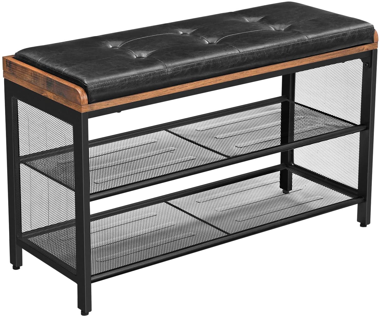 Shoe bench with faux leather seat and wire mesh shelves, dark frame with wooden trim