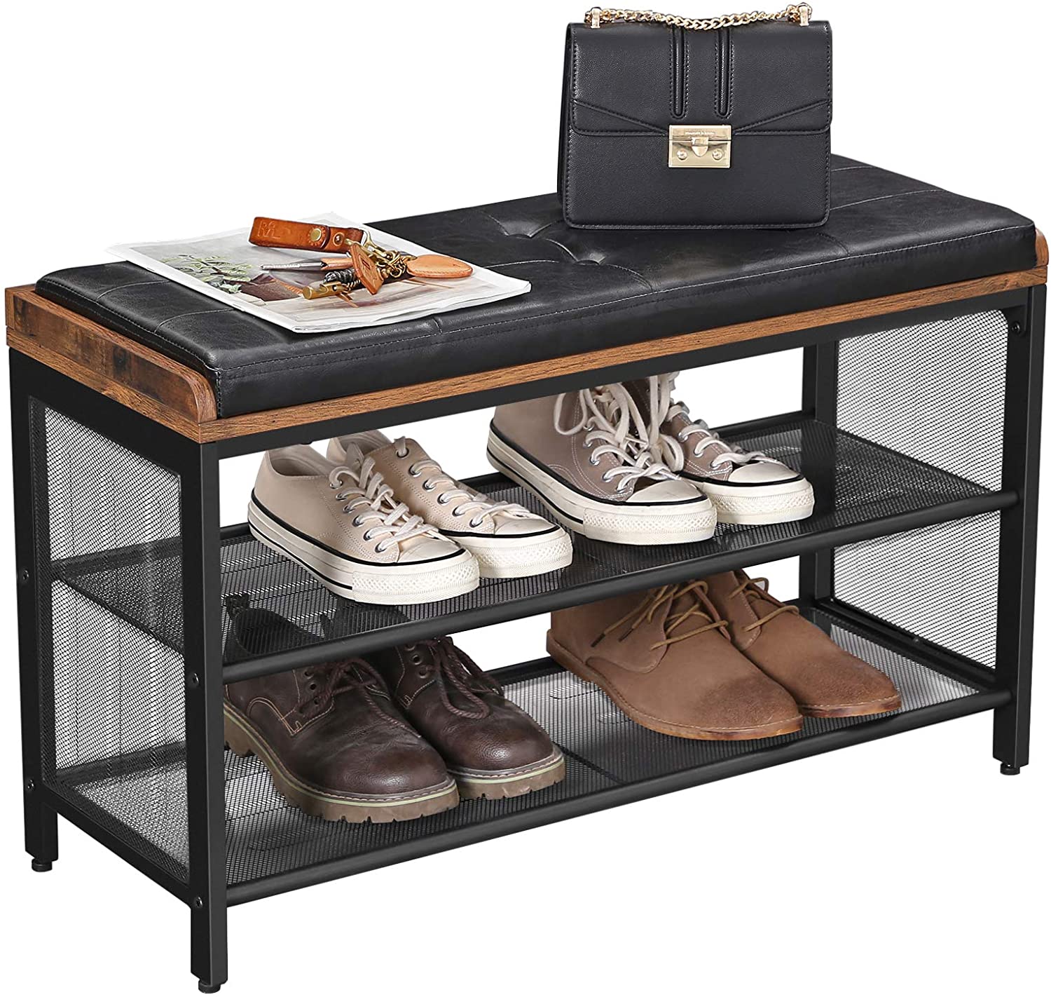 Shoe bench with faux leather seat, wire mesh shelves, dark metal frame and wooden sides