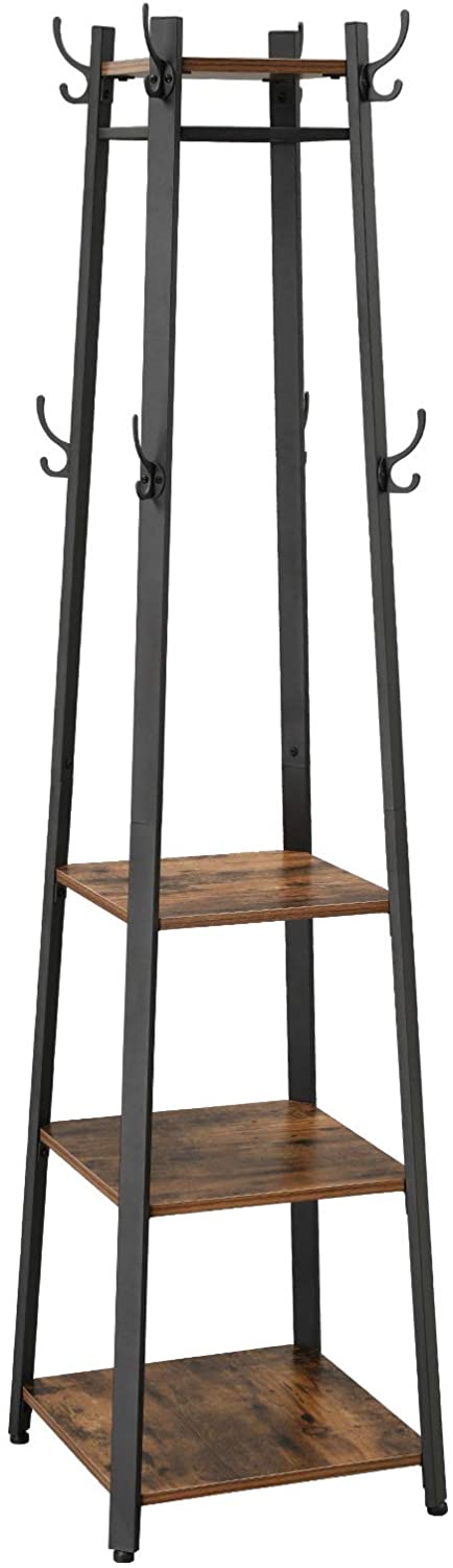 Coat rack with 3 wooden shelves and curved hooks in dark brown and black.