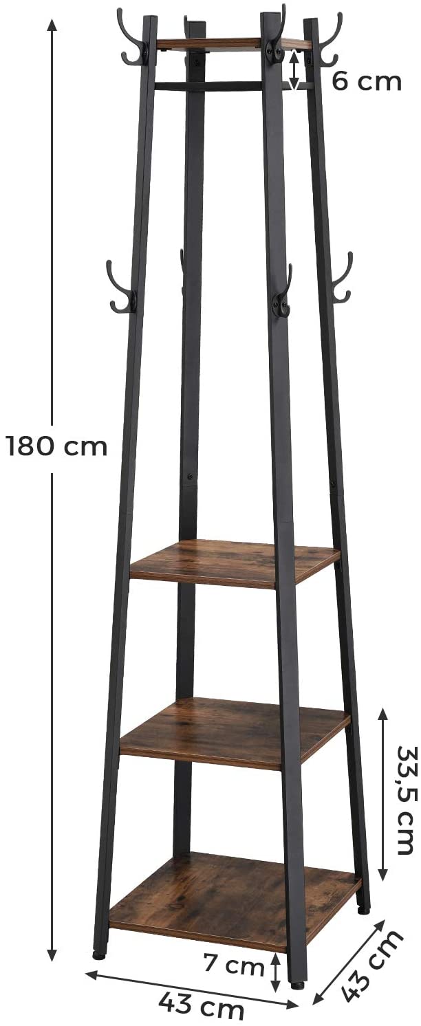 Coat rack dimensions: 3-shelf black frame with wooden shelves and hooks.