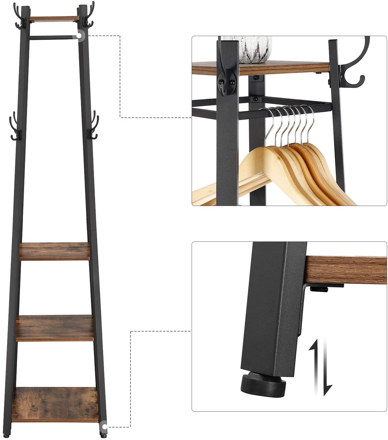 Coat rack detail view of black frame, hooks, and wooden shelves.