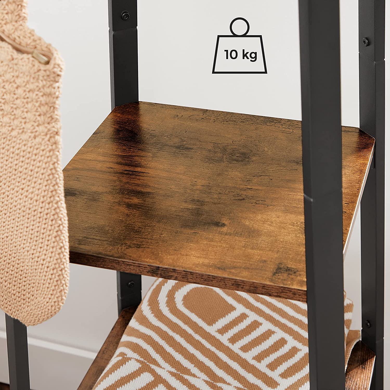 Coat rack shelf detail with dark wooden top board and curved support legs.