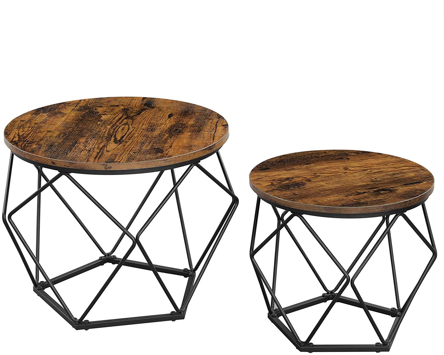 Set of 2 round side tables with rustic brown tops and black steel crisscross frames