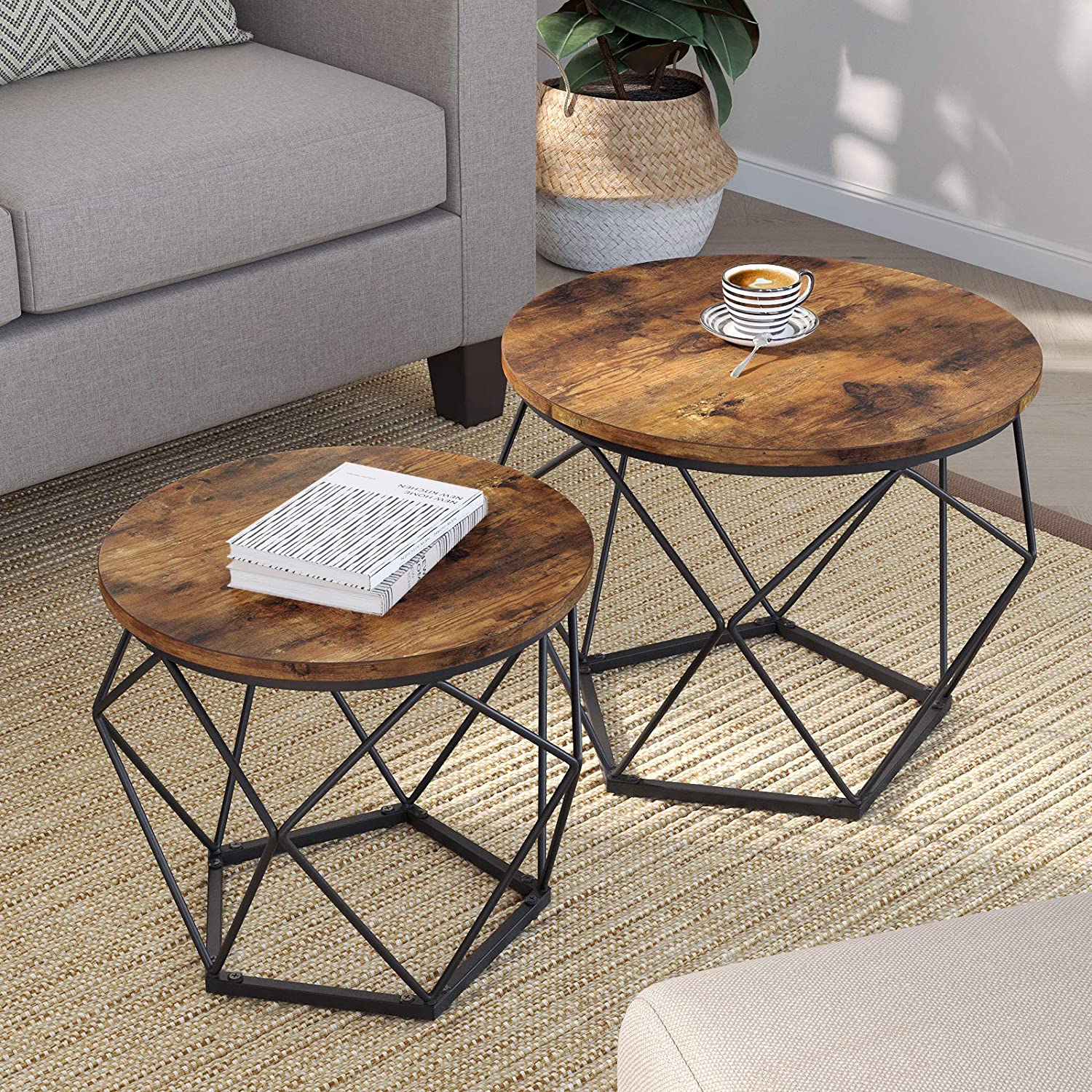 Set of 2 round side tables: rustic brown tabletops on black X-frame steel bases