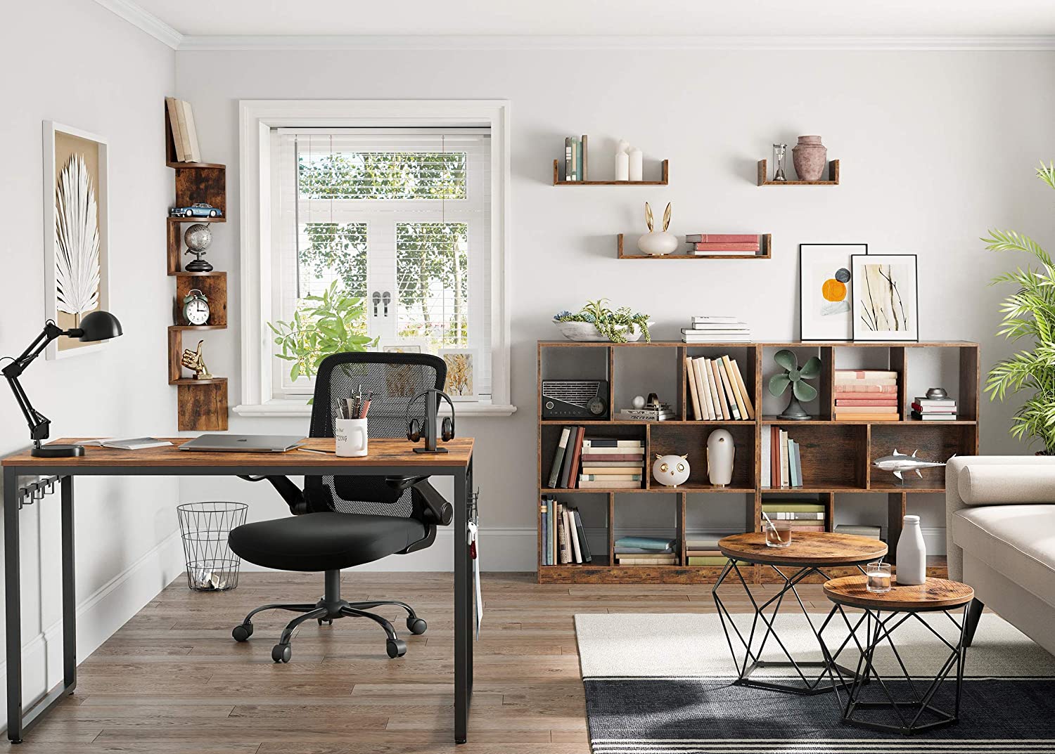 Two round side tables with round rustic brown tops and black steel support frames